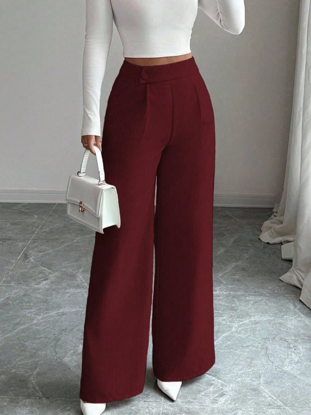 Burgundy Casual Women's Elastic Waist Bamboo Fabric Wide Leg Pants